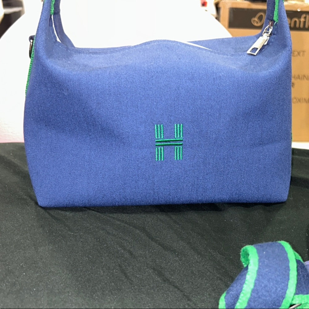 Navy Blue Canvas Bag with Green Accents